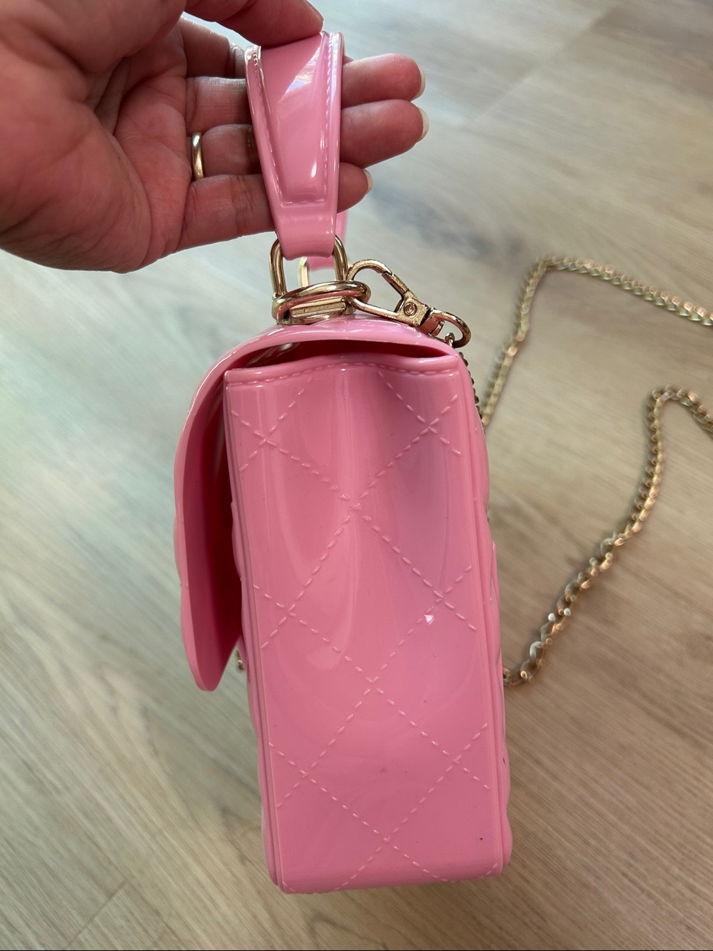 Pink Quilted Mini Jelly Crossbody Bag-Purse with Gold Chain for girls-Women - Picture 3 of 11